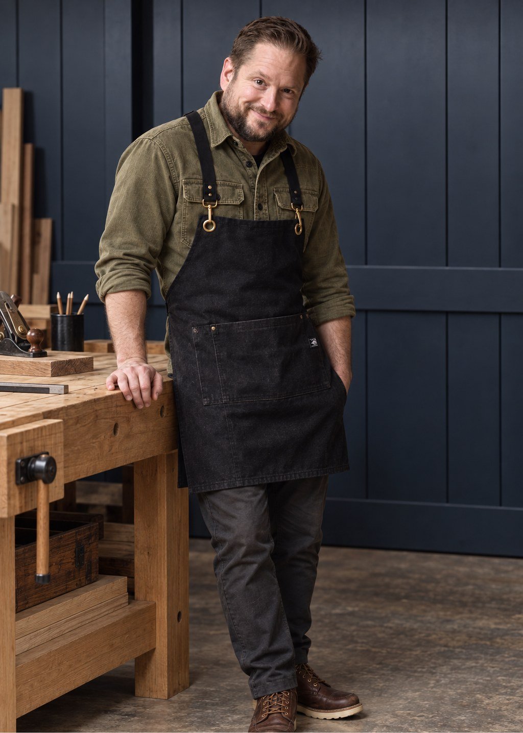 Matthew Wheeler in his workshop, standing at a timber workbench laid with hand tools